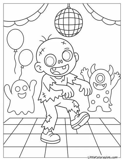 Cartoon Zombie Doing a Silly Shuffle Dance at a Monster Party Coloring Page