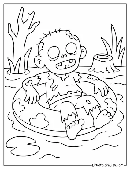 Cartoon Zombie Floating Lazily in an Inner Tube in a Swamp Coloring Page