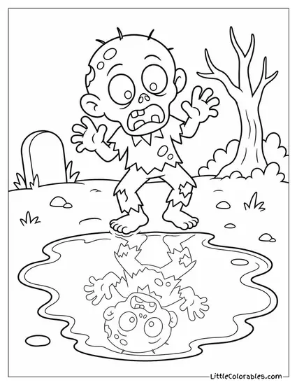 Cartoon Zombie Getting Startled by Its Own Reflection in a Puddle Coloring Page