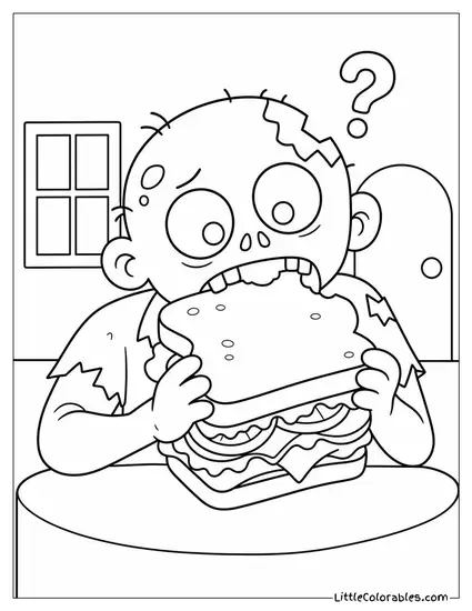 Cartoon Zombie Munching on a Giant Sandwich With a Confused Expression Coloring Page