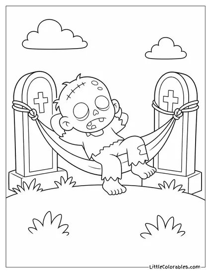 Cartoon Zombie Napping in a Hammock Strung Between Two Tombstones Coloring Page