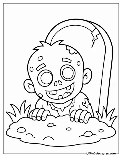 Cartoon Zombie Peeking Out of a Grave With a Cheeky Grin Coloring Page