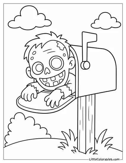 Cartoon Zombie Peeking Out of a Mailbox With a Toothy Grin Coloring Page