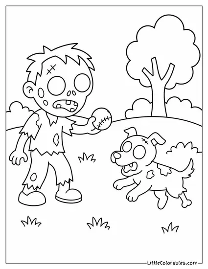 Cartoon Zombie Playing Fetch With a Zombie Dog Missing a Leg Coloring Page