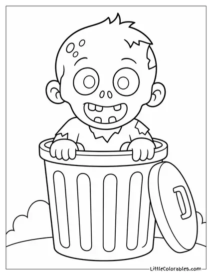Cartoon Zombie Popping Out of a Trash Can With a Surprised Grin Coloring Page