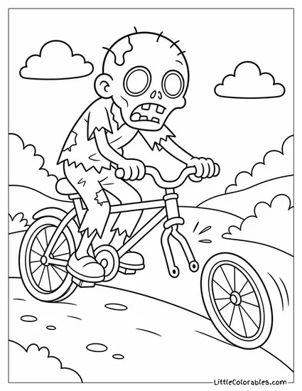 Cartoon Zombie Riding a Rickety Bicycle With a Wheel About to Fall Off Coloring Page
