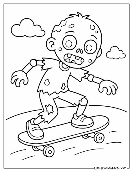 Cartoon Zombie Riding a Skateboard With Wobbly Loose Joints Coloring Page
