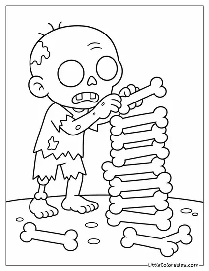 Cartoon Zombie Stacking Bones Into a Wobbly Tower Coloring Page