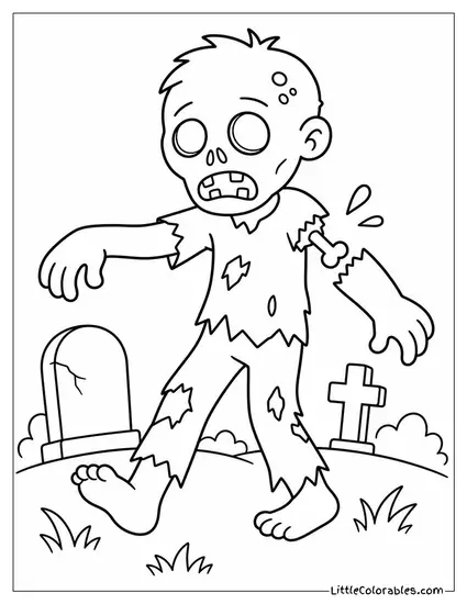 Cartoon Zombie Stumbling Through a Graveyard With Its Arm Falling Off Coloring Page