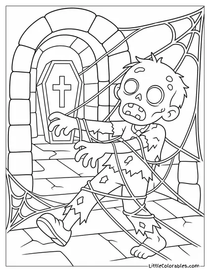Cartoon Zombie Tangled in Cobwebs While Trying to Escape a Crypt Coloring Page