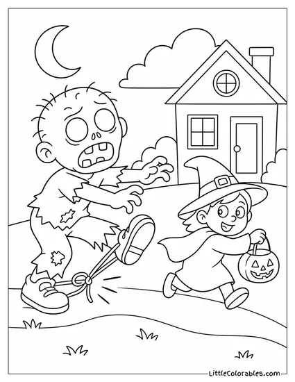 Cartoon Zombie Tripping Over Its Own Shoelace While Chasing a Trick or Treater Coloring Page