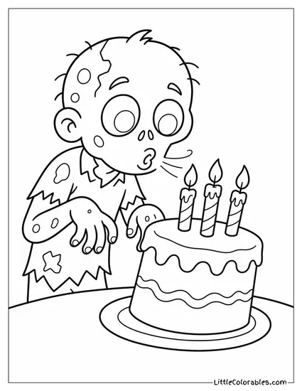 Cartoon Zombie Trying to Blow Out Candles on a Wobbly Birthday Cake Coloring Page