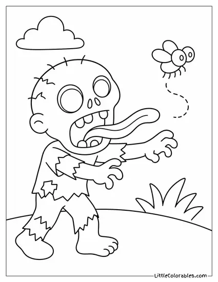 Cartoon Zombie Trying to Catch a Fly With Its Tongue Hanging Out Coloring Page