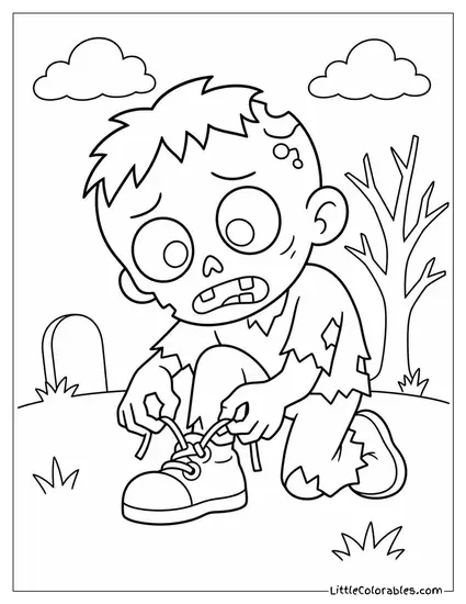 Cartoon Zombie Trying to Tie Its Shoelaces With Clumsy Stiff Fingers Coloring Page