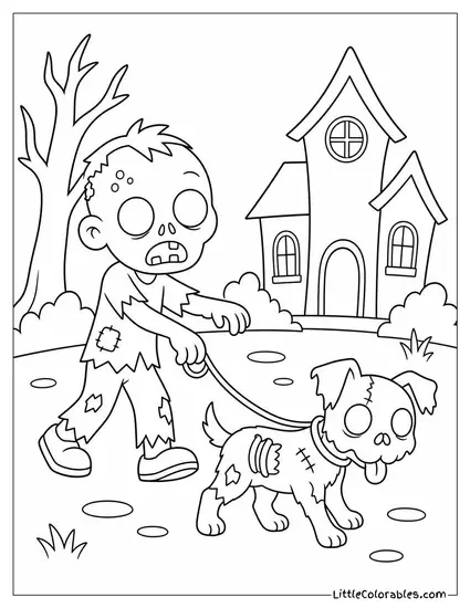 Cartoon Zombie Walking a Zombie Dog on a Leash Through a Spooky Yard Coloring Page