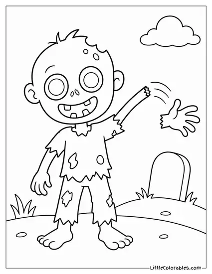 Cartoon Zombie Waving Hello While Its Hand Detaches and Falls Coloring Page
