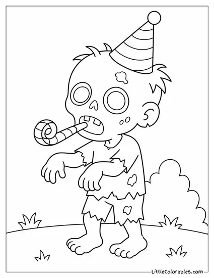Cartoon Zombie Wearing a Party Hat and Blowing a Noisemaker Coloring Page