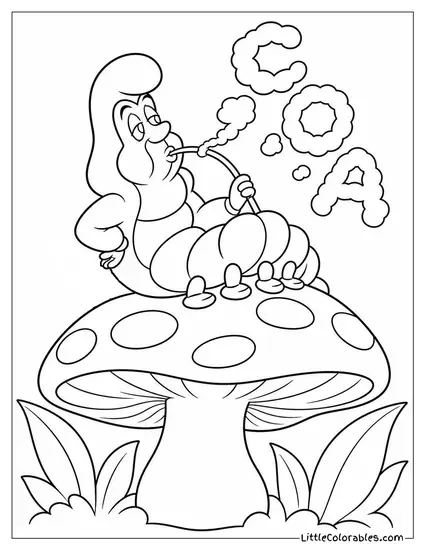 Caterpillar Perched On A Mushroom Blowing Smoke Rings Shaped Like Letters Coloring Page