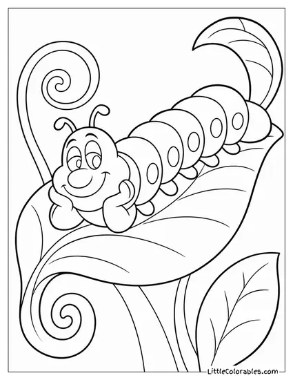 Caterpillar Stretching Lazily Along A Curling Leaf Coloring Page