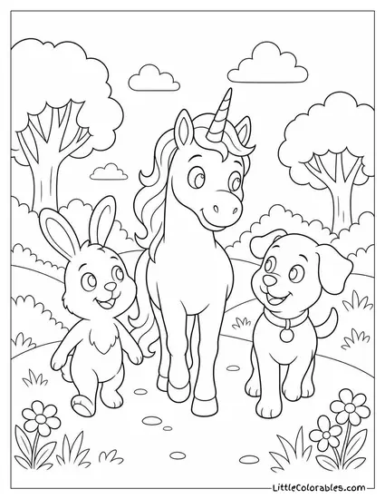 Charlie the Unicorn Walking Alongside Two Curious Friends Coloring Page