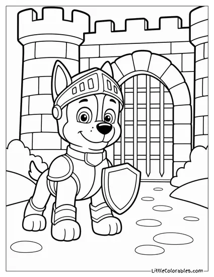 Chase Dressed as a Knight With a Tiny Shield and Helmet Outside a Castle Gate Coloring Page