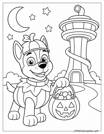 Chase Dressed as a Pumpkin Handing Out Candy at the Lookout on Halloween Night Coloring Page