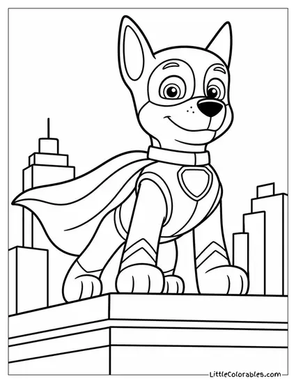 Chase Dressed as a Superhero With a Flowing Cape on a City Rooftop Coloring Page