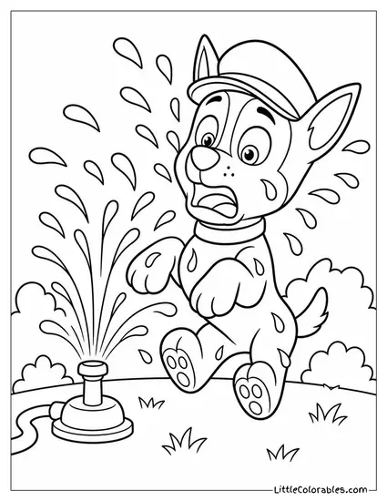 Chase Getting Soaked by a Sprinkler With a Startled Expression Coloring Page
