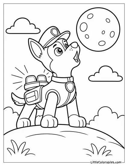 Chase Howling at the Moon on a Hilltop With His Siren Lights Glowing Coloring Page