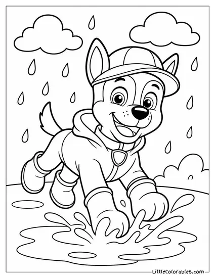 Chase in a Raincoat and Boots Splashing Through Puddles on a Rainy Day Coloring Page