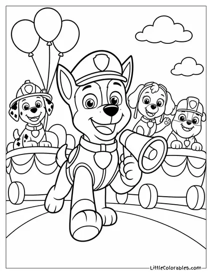 Chase Leading a Parade of Colorful Floats With His Megaphone and a Proud Grin Coloring Page