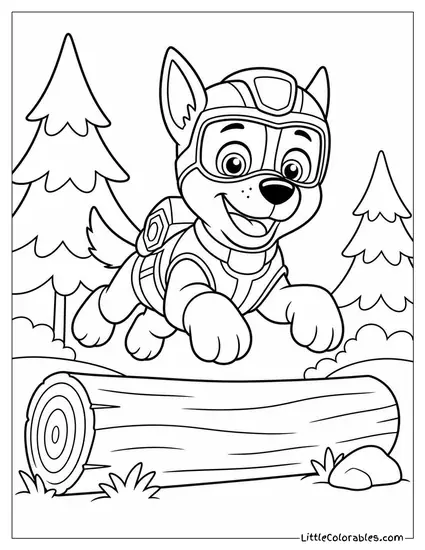 Chase Leaping Over a Fallen Log With His Spy Gear Glowing in a Dark Forest Coloring Page