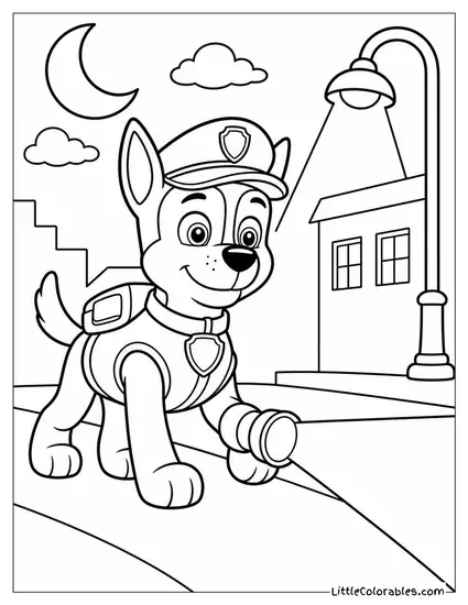 Chase on Night Patrol With His Flashlight Cutting Through a Foggy Street Coloring Page