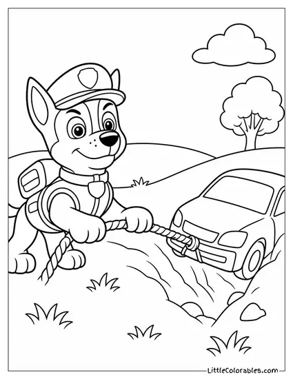 Chase Pulling a Stuck Car Out of a Ditch With a Rope While Looking Determined Coloring Page