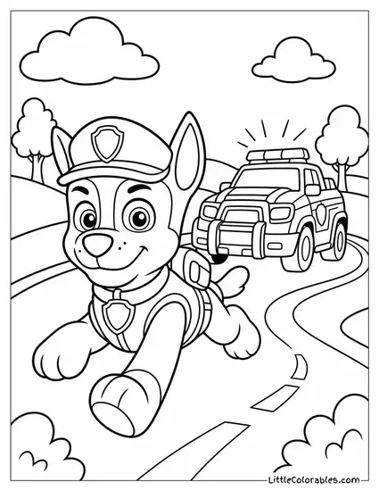 Chase Racing His Police Cruiser Down a Winding Road With Sirens Flashing and a Focused Look Coloring Page