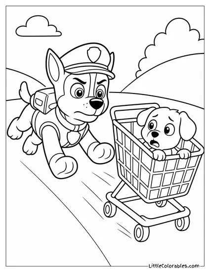 Chase Rescuing a Puppy From a Runaway Shopping Cart With a Determined Face Coloring Page