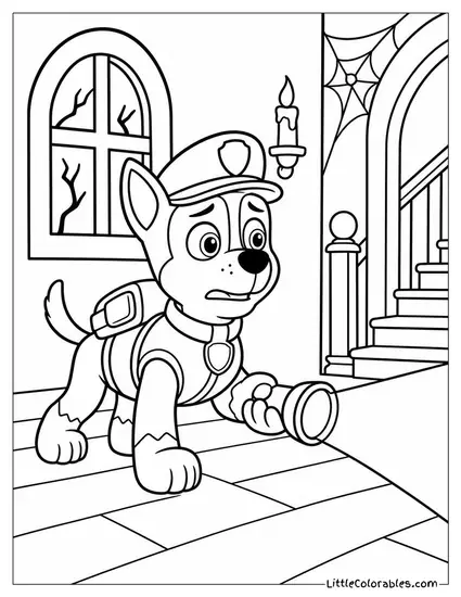 Chase Searching a Spooky Haunted House With a Flashlight and a Nervous Look Coloring Page
