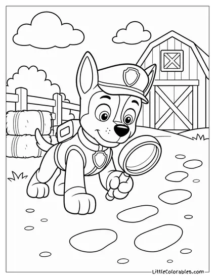 Chase Searching for Clues With a Magnifying Glass on a Dusty Farm Road Coloring Page