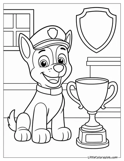Chase Sitting Proudly Beside a Shiny Trophy at the Police Station With Confetti Falling Coloring Page