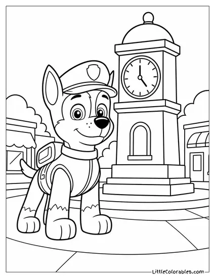 Chase Standing Guard at a Town Square Clock Tower at Dawn Coloring Page