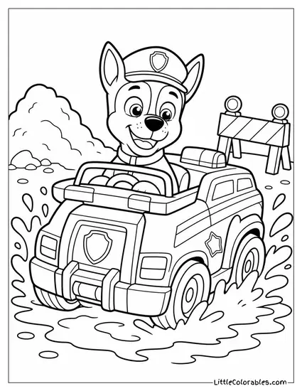 Chase Swerving Around a Muddy Construction Site in His Cruiser With Dirt Flying Coloring Page