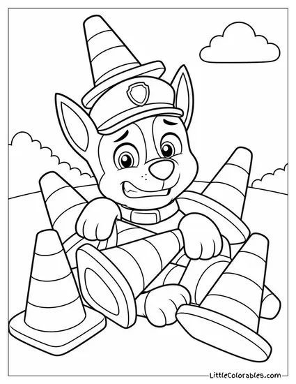 Chase Tangled in a Pile of Traffic Cones With an Embarrassed Grin Coloring Page