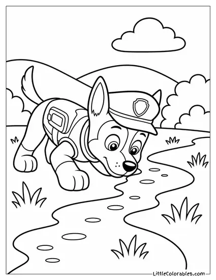 Chase Tracking a Trail With His Nose to the Ground Through a Misty Meadow Coloring Page
