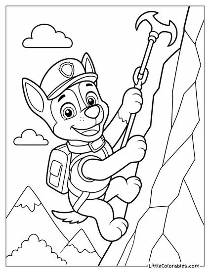 Chase Using a Grappling Hook to Climb a Cliff Wall During a Mountain Rescue Coloring Page