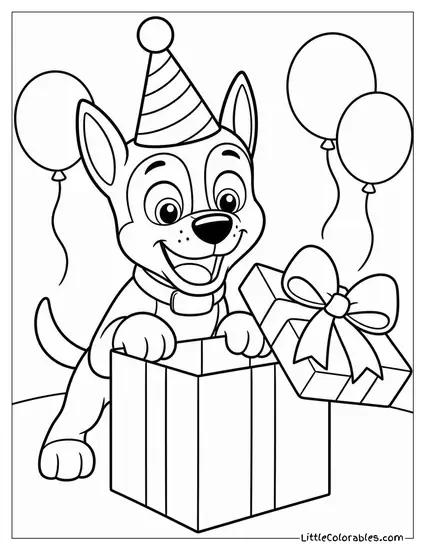 Chase Wearing a Birthday Hat While Opening a Giant Present With Excited Eyes Coloring Page