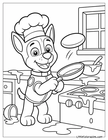 Chase Wearing a Chef Hat and Flipping Pancakes With a Messy Kitchen Behind Him Coloring Page