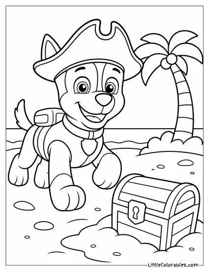 Chase Wearing a Pirate Hat on a Treasure Hunt Across a Sandy Beach Coloring Page