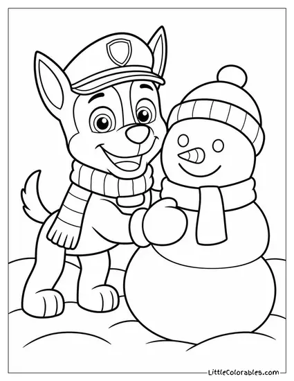 Chase Wearing a Scarf and Mittens Building a Snowman With a Big Smile Coloring Page