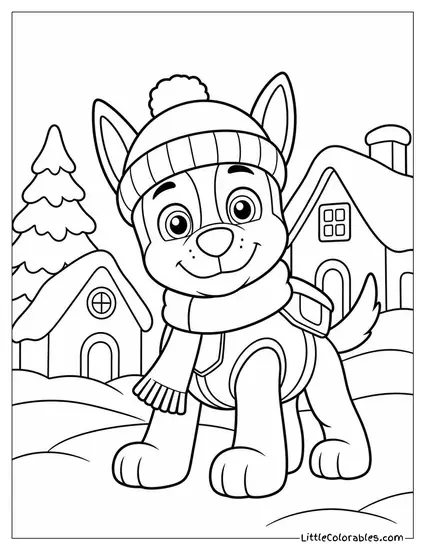 Chase Wearing a Winter Hat and Scarf as He Patrols a Snowy Village Coloring Page