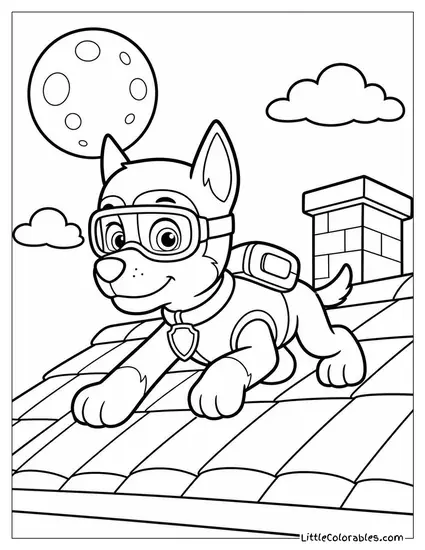 Chase Wearing Spy Goggles Sneaking Along a Rooftop Under a Full Moon Coloring Page